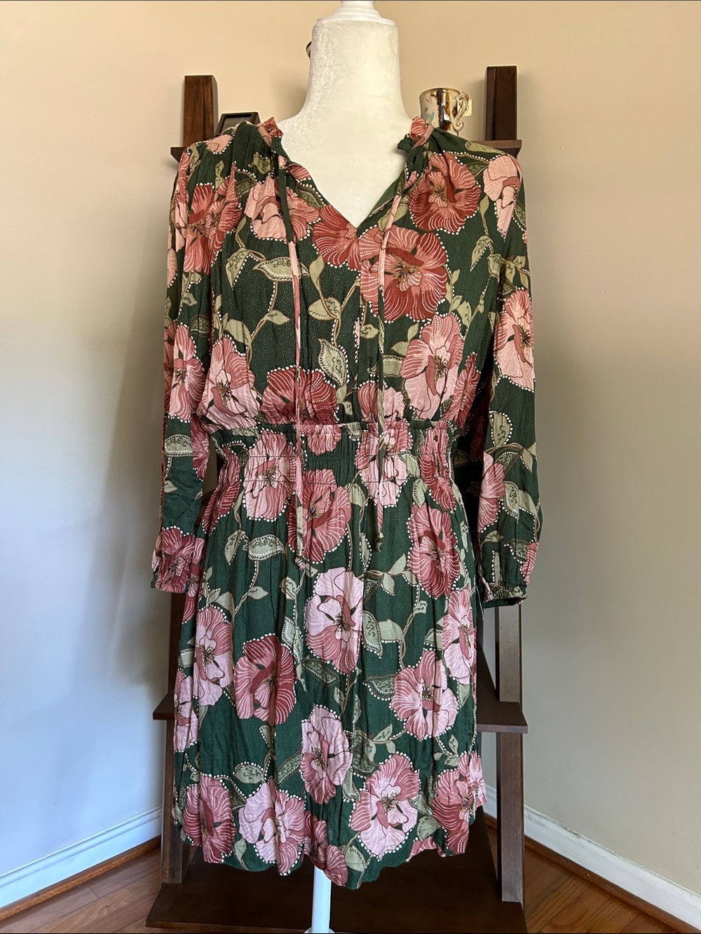 DR2 Green Mini Dress with Pink Floral Print